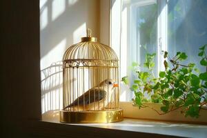 A bird in a cage on a window sill photo