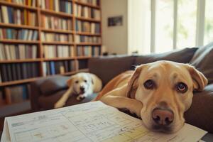 A dog laying on a couch with a paper photo