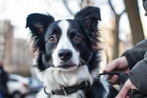A black and white dog with a leash on photo