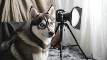 A husky dog sitting in front of a camera photo