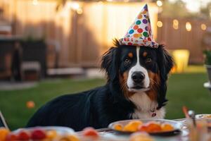 A dog wearing a birthday hat sits at a table with food photo