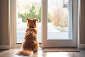 A dog sitting on the floor looking out a window photo