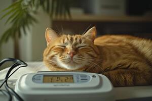 A cat laying on top of a desk with an electronic thermometer photo