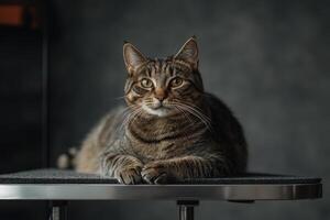 A cat is sitting on a table in front of a chair photo