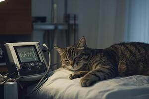 A cat laying on a bed next to a monitor photo