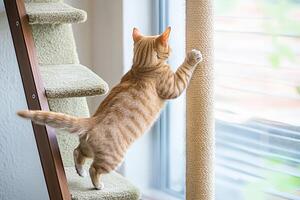 A cat climbing up a ladder to reach a window photo