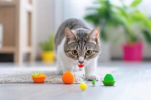 A cat playing with colorful toys on the floor photo