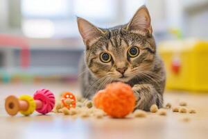 A cat playing with toys on the floor photo