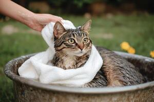 A cat is sitting in a tub with a towel on it photo