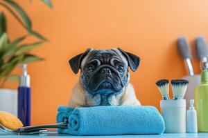 A pug dog sitting on a towel with various grooming tools photo
