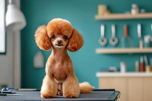A poodle sitting on a table in a salon photo