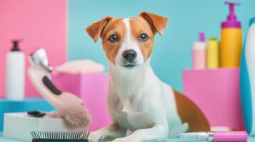 A dog sitting on a blue background with various grooming tools photo