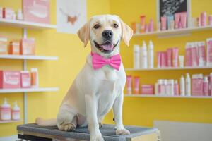 A dog wearing a pink bow tie sitting on a stool photo