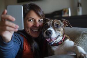 A woman taking a selfie with her dog photo
