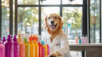 A dog wearing glasses and a lab coat is sitting at a table with a variety of bottles photo