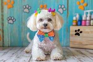 A white dog wearing a colorful bow tie photo
