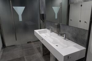 A spacious bathroom showcases a sleek, modern sink with dual faucets and a minimalist aesthetic. Frosted glass partitions add privacy, creating a contemporary atmosphere for users photo