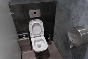 A clean and modern restroom shows a white toilet situated against a textured wall. Adjacent, a metallic waste bin complements the minimalistic decor, emphasizing hygiene and simplicity photo