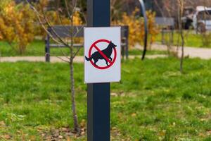 In a sunny outdoor park setting, a clear warning sign stands tall, depicting a dog inside a red prohibition circle photo