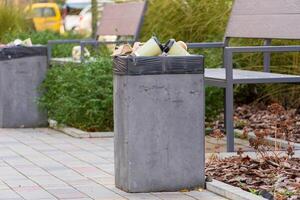 Rubbish piles up in a concrete waste container near park benches, showcasing a common sight of litter accumulation. The green surroundings underscore the need for better environmental practices photo
