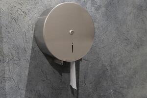 A round stainless steel toilet paper dispenser is securely mounted on a textured gray wall inside a public restroom. The dispenser has a small opening for easy paper access photo