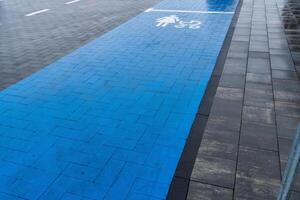 A newly developed blue lane designed for pedestrians and cyclists runs alongside a paved road, enhancing safety and promoting alternative transportation in a city environment photo