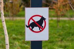 A clear warning sign stands upright in a vibrant green outdoor space, depicting a dog silhouette crossed out. This symbol alerts pet owners to keep their dogs away, ensuring a clean environment photo