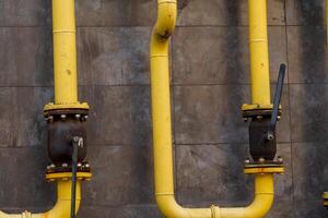 Bright yellow pipes are installed on a gray wall, forming a network for transporting gas and energy. Industrial valves punctuate the system, highlighting technology's role in infrastructure photo