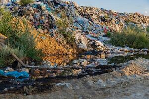 Mountains of garbage stretch across the landscape, casting a shadow on the surrounding ecosystem photo