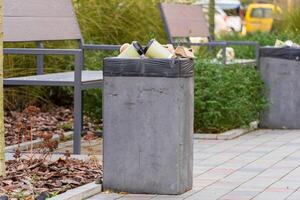 A concrete garbage bin brimming with trash bags and recyclable materials is placed in an outdoor setting. Surrounding benches and greenery create a casual atmosphere photo