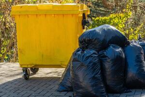 Black garbage bags are arranged next to a yellow waste container in a bright outdoor setting. The scene highlights waste disposal practices in an urban environment photo