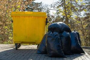 Colorful yellow trash container sits next to a heap of black garbage bags, surrounded by trees and greenery in a peaceful urban park under the warm sunlight photo