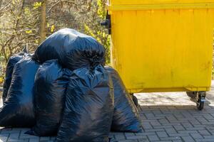 Piles of black garbage bags rest near a vibrant yellow dumpster in a tranquil outdoor area. The setting reveals a serene backdrop of nature, hinting at an upcoming cleanup photo