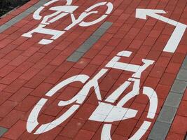 A well-maintained path features distinct bicycle lane designs, directing cyclists safely through a bustling city area, enhancing cycling accessibility photo
