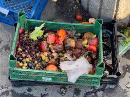 A green crate overflowing with decaying fruits and vegetables sits on a concrete surface, surrounded by scattered debris photo