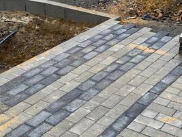 A team is actively laying paving stones to create a durable pathway in a residential area. The work is taking place during the day, showcasing the construction process photo