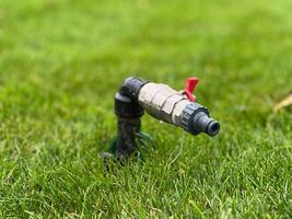 The water faucet is positioned in the middle of a vibrant grassy area, showcasing its role in facilitating gardening and irrigation as the sun shines down photo