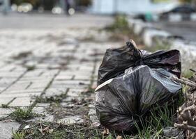 A black plastic bag overflowing with trash rests on the ground next to a brick walkway, highlighting the litter problem in a neglected public space photo