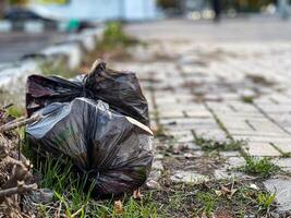 A discarded black plastic bag is resting on the ground, overflowing with trash, adjacent to a brick walkway in a public space. The area shows signs of neglect photo