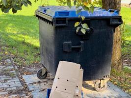 A sturdy black trash bin stands beside a tree, surrounded by vibrant grass, with discarded cardboard boxes casually strewn nearby under the warm glow of autumn sunlight photo