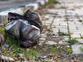A plastic bag is laying on the ground next to a brick walkway. The bag is black and he is full of trash. Concept of neglect and disregard for the environment photo