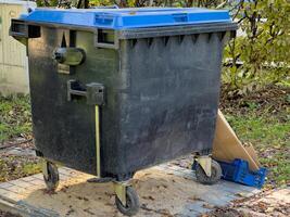 A large black recycling bin with a blue lid is sitting on a concrete pad. It has four wheels and is partially surrounded by fallen leaves photo