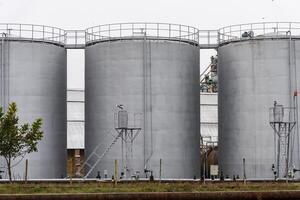 A low-angle view of three large, cylindrical tanks. The tanks are made of metal and are gray in color. They are surrounded by metal ladders and catwalks photo