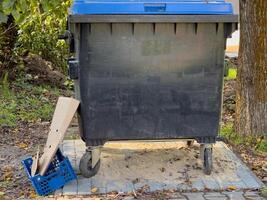 A blue-topped dumpster stands in a serene park, with discarded cardboard and a plastic crate lying nearby, highlighting everyday waste challenges in nature photo