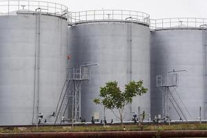 Large, gray industrial storage tanks stand at a manufacturing facility. A small tree grows next to the tanks under a cloudy sky, creating a contrast between nature and industry photo