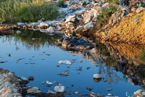 Litter and waste are scattered along the riverbank, with various refuse items floating in the water, reflecting the surrounding environment under clear blue skies photo