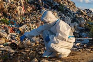 A worker in a protective suit kneels by a polluted area in a landfill, carefully collecting waste samples to study environmental contamination and its impacts photo