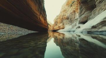 Serene canyon with still water reflecting cliffs photo