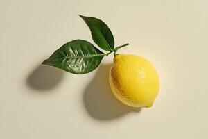 Single lemon with leaves, cast shadow on pale background photo