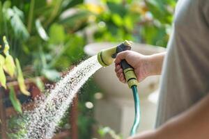 a man is watering a plant with a hose photo
